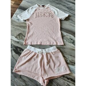 Ellesse Womens 2 Piece Lounge Set Pink White Raglan Tee Shorts Chenille Logo